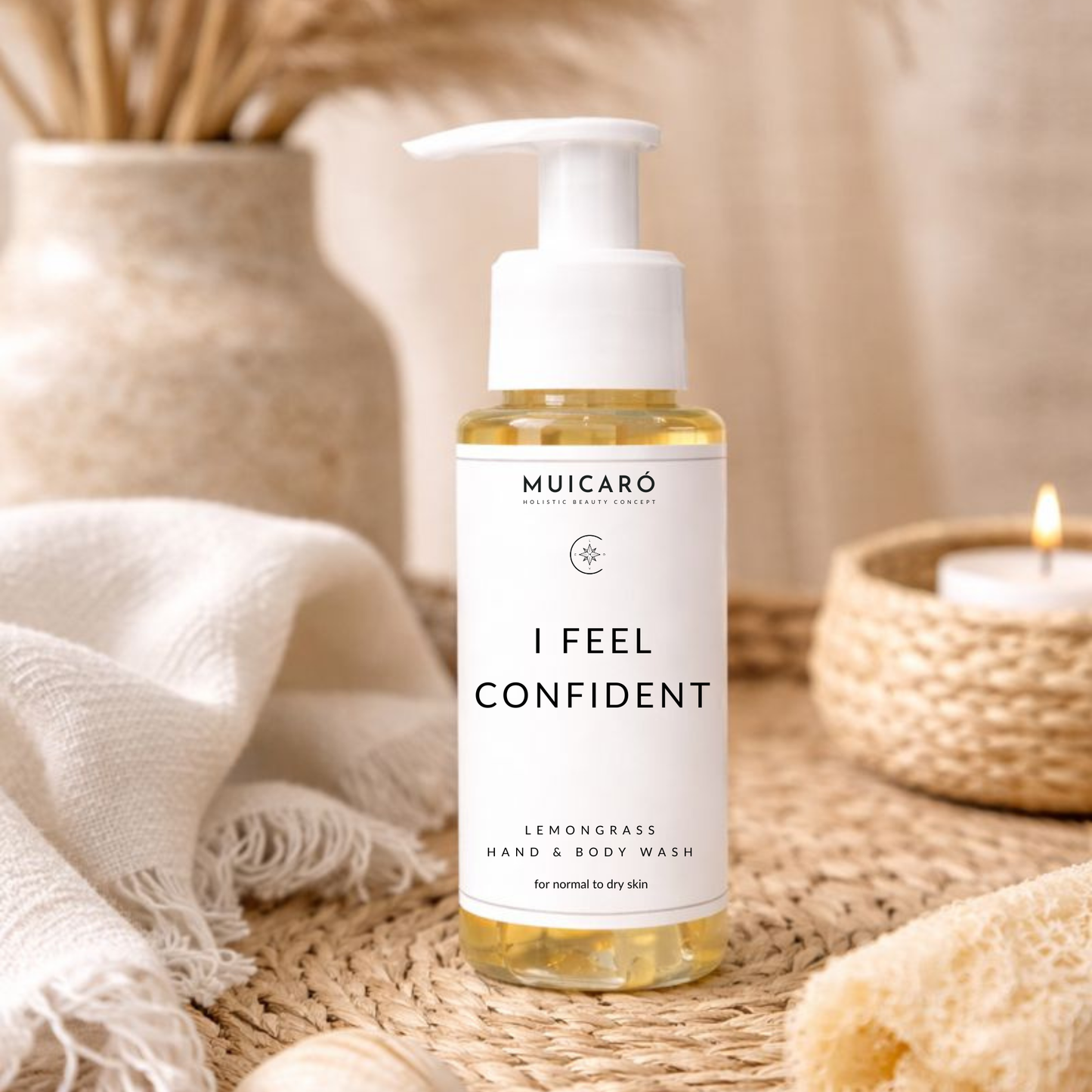 muicaró hand & body wash in bohemian stillleben mit naturmaterialien und warmem licht