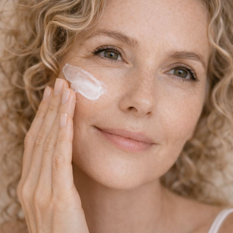 Frau mittleren Alters trägt die Gesichtscreme von Muicaro auf