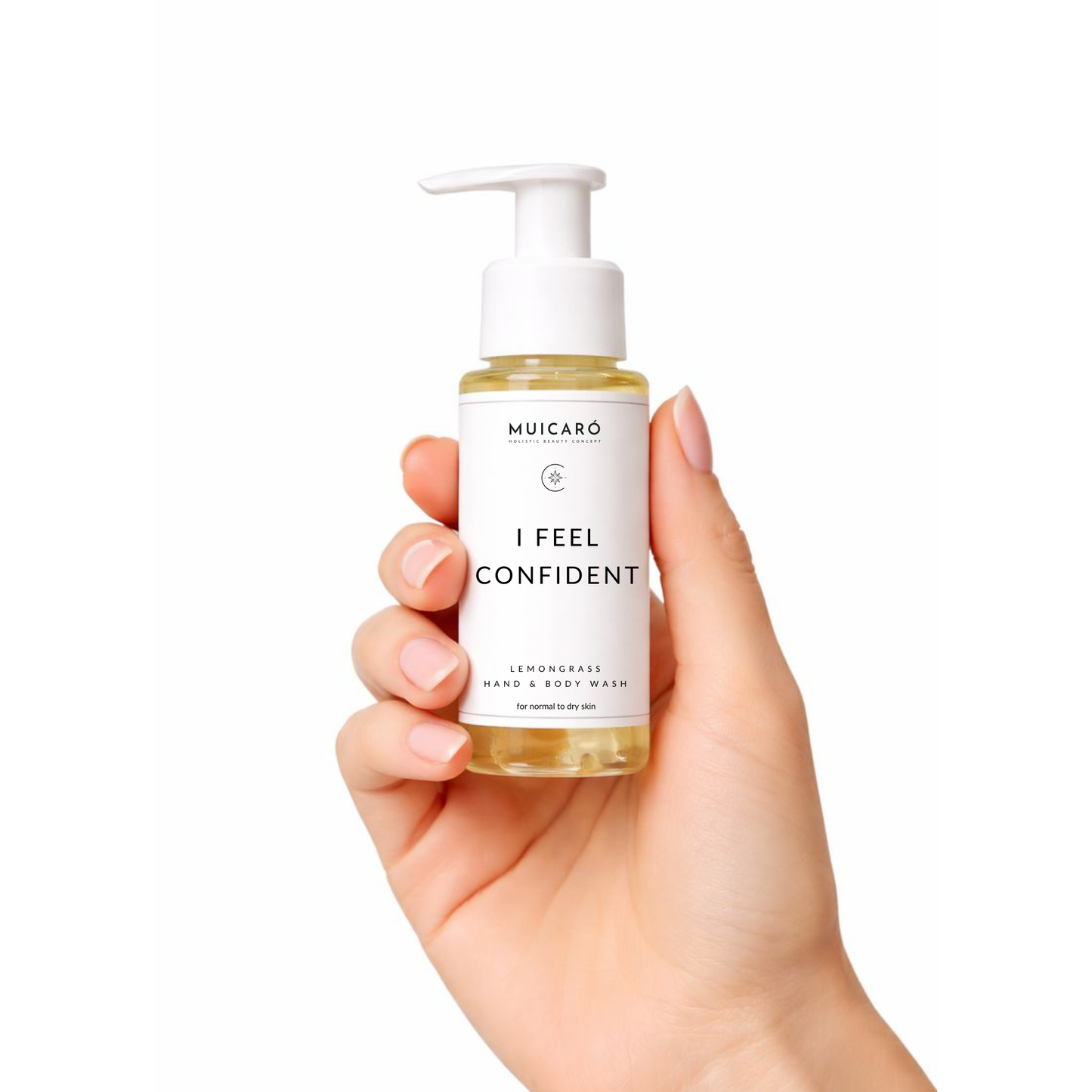 muicaró hand & body wash travel size 50 ml in einer hand gehalten